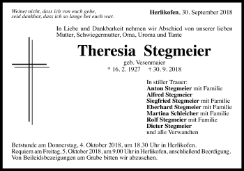 Traueranzeige von Theresia Stegmaier von Gmünder Tagespost