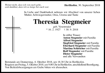 Traueranzeige von Theresia Stegmaier