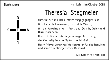 Traueranzeige von Theresia Stegmeier von Gmünder Tagespost