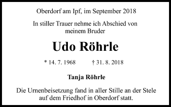 Traueranzeige von Udo Röhrle von Bopfinger Stadtanzeiger