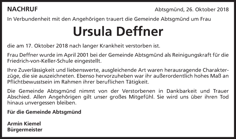  Traueranzeige für Ursula Deffner vom 26.10.2018 aus Schwäbische Post