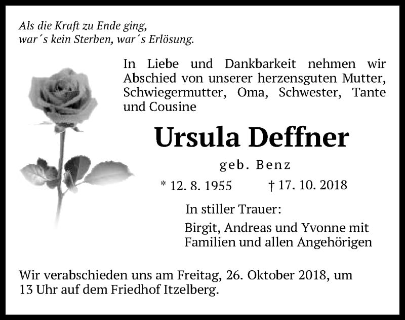  Traueranzeige für Ursula Deffner vom 23.10.2018 aus Schwäbische Post