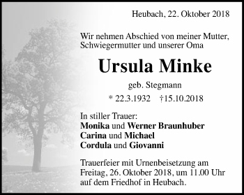Traueranzeige von Ursula Minke von Gmünder Tagespost