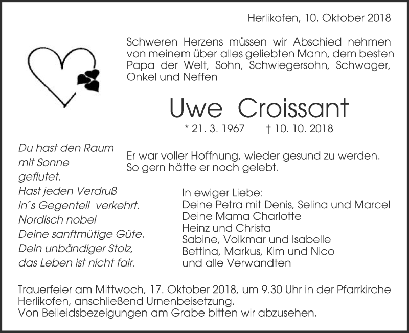  Traueranzeige für Uwe Croissant vom 13.10.2018 aus Gmünder Tagespost