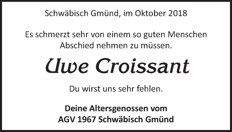  Traueranzeige für Uwe Croissant vom 15.10.2018 aus Gmünder Tagespost