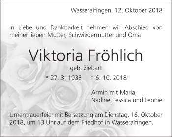 Traueranzeige von Viktoria Fröhlich von Schwäbische Post