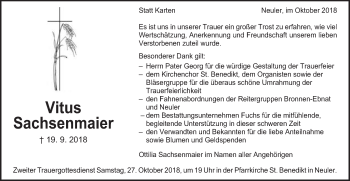 Traueranzeige von Vitus Sachsenmaier von Schwäbische Post