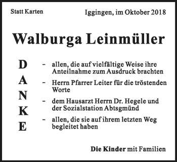 Traueranzeige von Walburga Leinmüller von Gmünder Tagespost