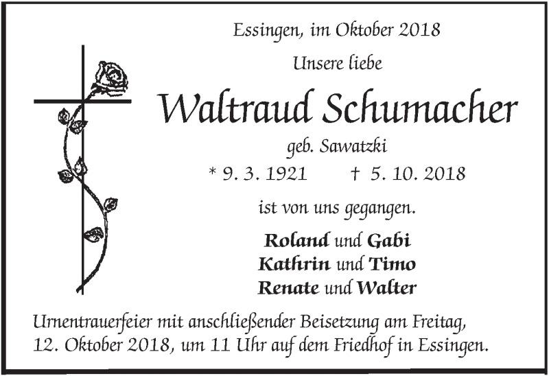  Traueranzeige für Waltraud Schumacher vom 10.10.2018 aus Schwäbische Post