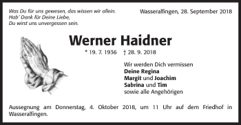 Traueranzeige von Werner Haidner von Schwäbische Post