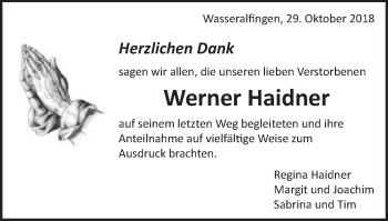 Traueranzeige von Werner Haidner von Schwäbische Post