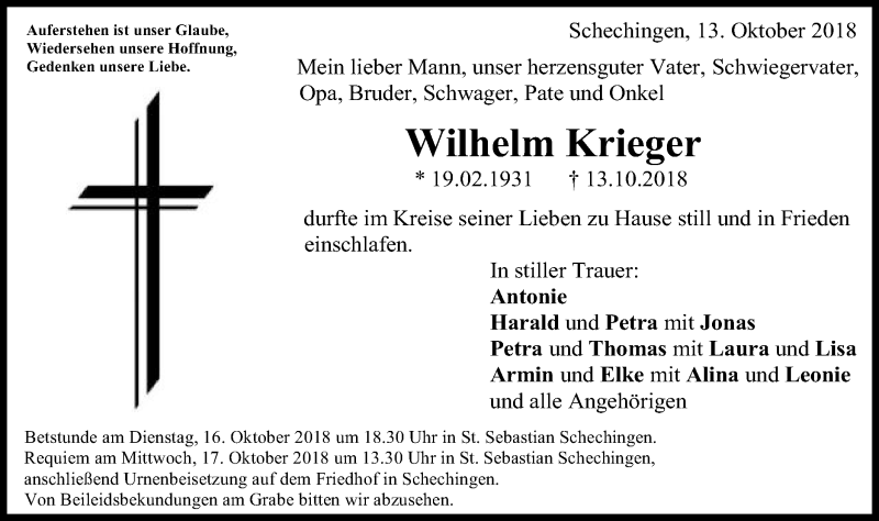  Traueranzeige für Wilhelm Krieger vom 15.10.2018 aus Gmünder Tagespost