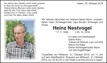 Traueranzeige von Heinz Nestvogel von Schwäbische Post