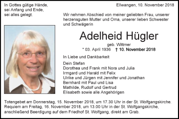 Traueranzeige von Adelheid Hügler von Schwäbische Post