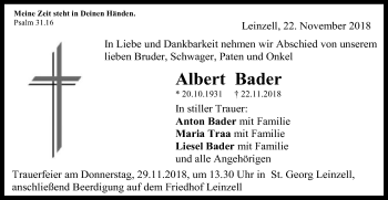 Traueranzeige von Albert Bader von Gmünder Tagespost