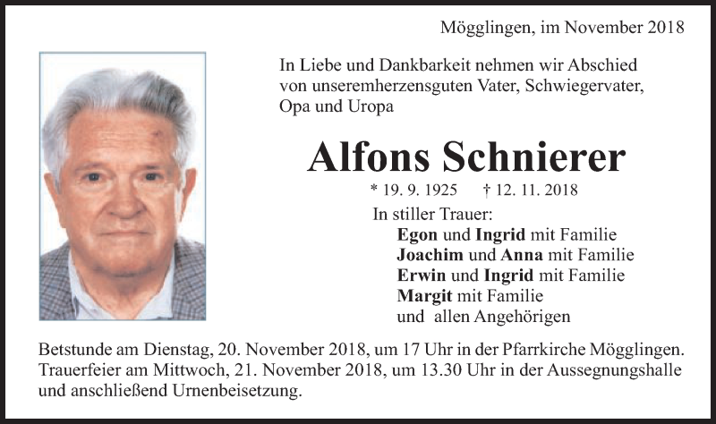  Traueranzeige für Alfons Schmierer vom 19.11.2018 aus Gmünder Tagespost