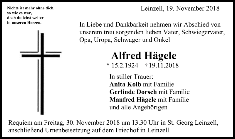  Traueranzeige für Alfred Hägele vom 27.11.2018 aus Gmünder Tagespost
