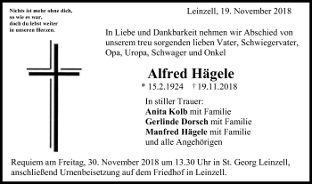 Traueranzeige von Alfred Hägele von Gmünder Tagespost