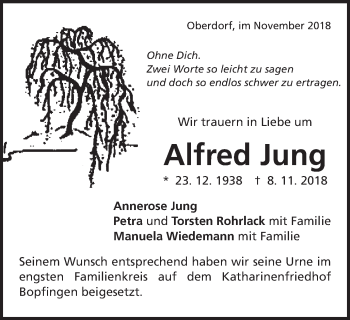 Traueranzeige von Alfred Jung von Bopfinger Stadtanzeiger