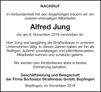 Traueranzeige von Alfred Jung von Bopfinger Stadtanzeiger