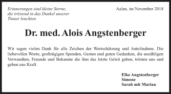 Traueranzeige von Alois Angstenberger von Schwäbische Post