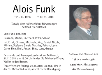 Traueranzeige von Alois Funk von Gmünder Tagespost