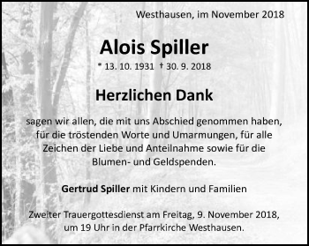 Traueranzeige von Alois Spiller von Schwäbische Post