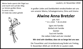 Traueranzeige von Alwine Anna Bretzler von Gmünder Tagespost