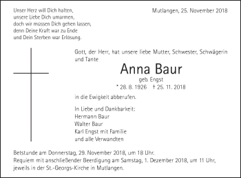 Traueranzeige von Anna Baur von OstalbTrauer