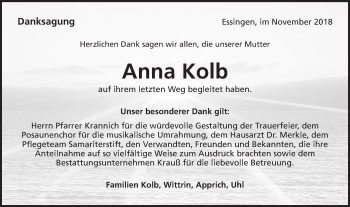 Traueranzeige von Anna Kolb von Schwäbische Post
