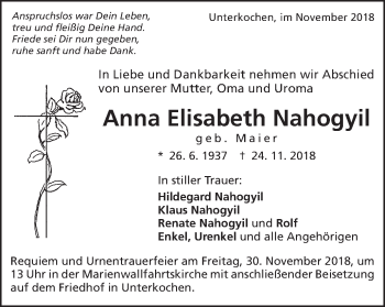 Traueranzeige von Anna Elisabeth Nahogyil von Schwäbische Post