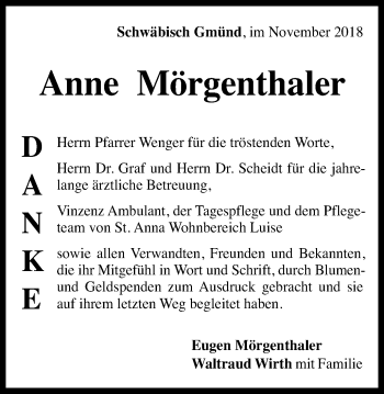 Traueranzeige von Anne Mörgenthaler von Gmünder Tagespost