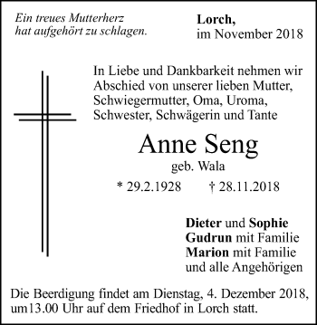 Traueranzeige von Anne Seng von Gmünder Tagespost
