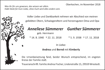 Traueranzeige von Anneliese und Gunther Sümmerer von Schwäbische Post
