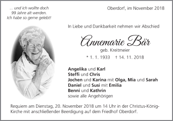Traueranzeige von Annemarie Bär von Schwäbische Post