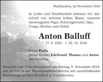 Traueranzeige von Anton Balluff von Schwäbische Post