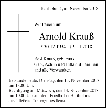 Traueranzeige von Arnold Krauß von Gmünder Tagespost