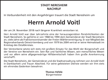 Traueranzeige von Arnold Voitl von Schwäbische Post