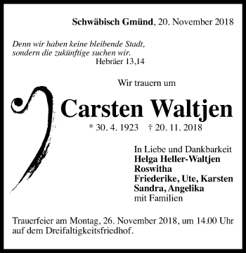 Traueranzeige von Carsten Waltjen von Gmünder Tagespost