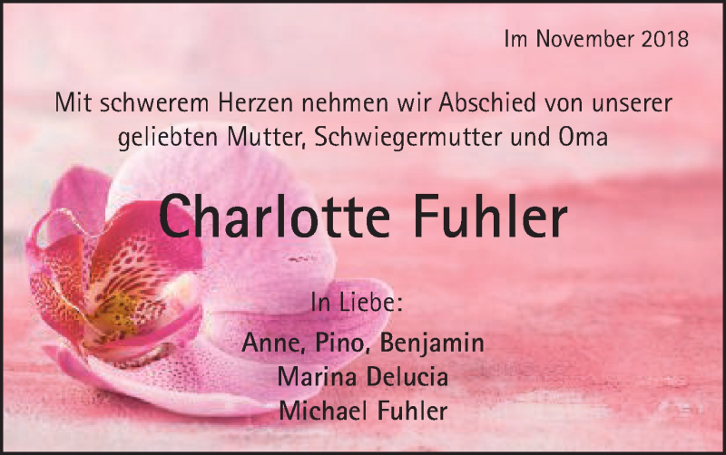  Traueranzeige für Charlotte Fuhler vom 03.11.2018 aus Schwäbische Post