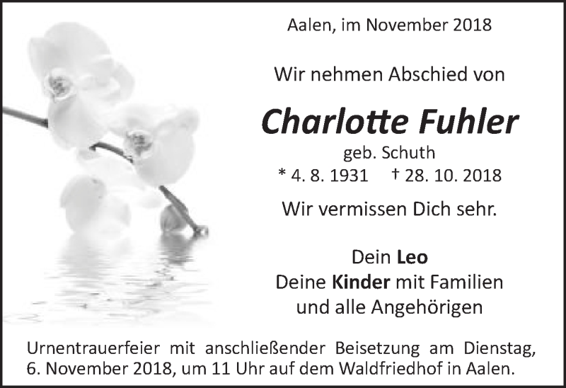 Traueranzeige für Charlotte Fuhler vom 03.11.2018 aus Schwäbische Post