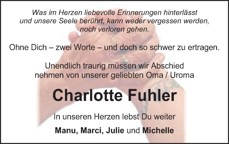  Traueranzeige für Charlotte Fuhler vom 03.11.2018 aus Schwäbische Post