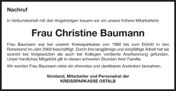Traueranzeige von Christine Baumann von Schwäbische Post