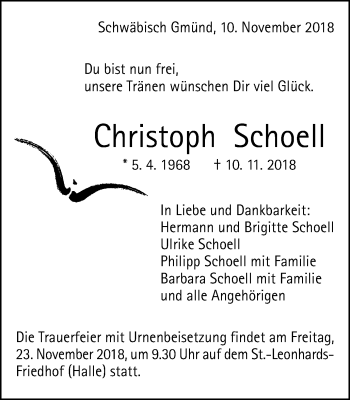 Traueranzeige von Christoph Schoell von Gmünder Tagespost