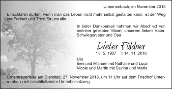 Traueranzeige von Dieter Füldner von Schwäbische Post