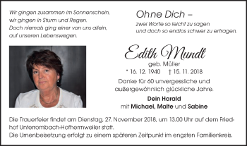 Traueranzeige von Edith Mundt von Schwäbische Post