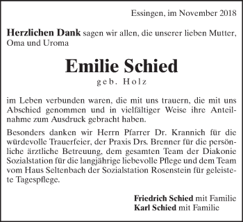 Traueranzeige von Emilie Schied von Schwäbische Post