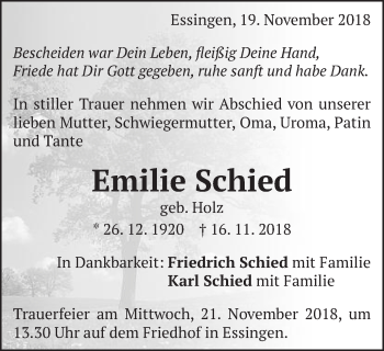 Traueranzeige von Emilie Schied von Schwäbische Post