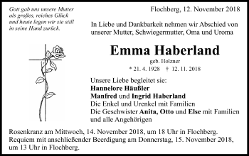 Traueranzeige von Emma Haberland von Schwäbische Post