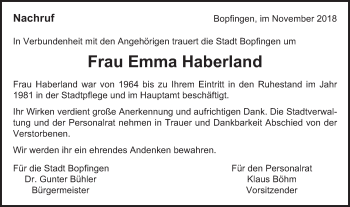 Traueranzeige von Emma Haberland von Bopfinger Stadtanzeiger
